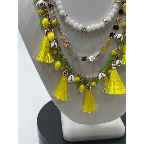 Lilly Pulitzer Triple Strand Lemon Grove Yellow Tassel Green Leaves Necklace New - Picture 3 of 16
